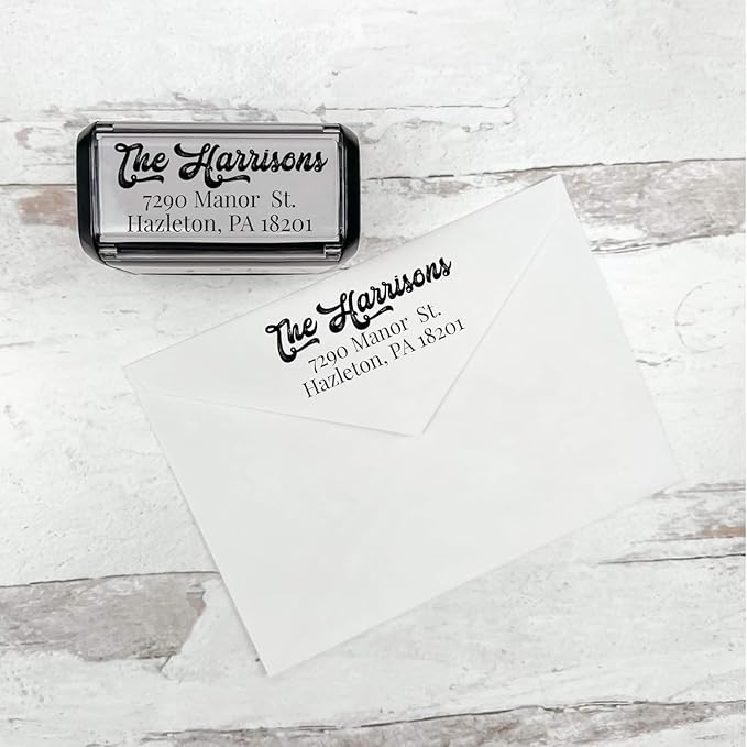 Self Inking Modern Address Stamps | Custom Return Address Stamper (Antique Script, Medium)