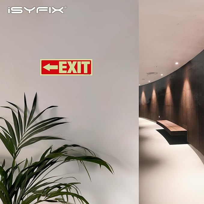 iSYFIX Exit Stickers Signs with Directional Left Arrow 6 Pack 12x4 Inch - Glow in the Dark Photoluminescent Vinyl for Office, School, Business, Warehouse - UV & Weather Resistant for Indoor/Outdoor Use