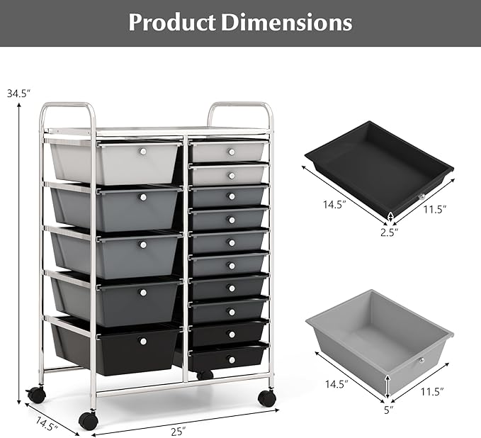 COSTWAY 15 Drawers Storage Cart, Multipurpose Rolling Utility Cart on Wheels w/Lockable Wheels & Removable Drawers, Mobile Tools Scrapbook Paper Organizer Cart for Office School Home, Mixed Black