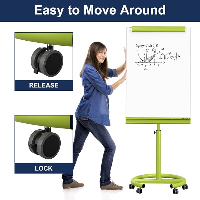 TSJ OFFICE Rolling Whiteboard Standing - 40 x 26 Inches Magnetic Mobile White Board with Stand, Height Adjustable Dry Erase Board on Wheels with Paper Clamp on Top, Green