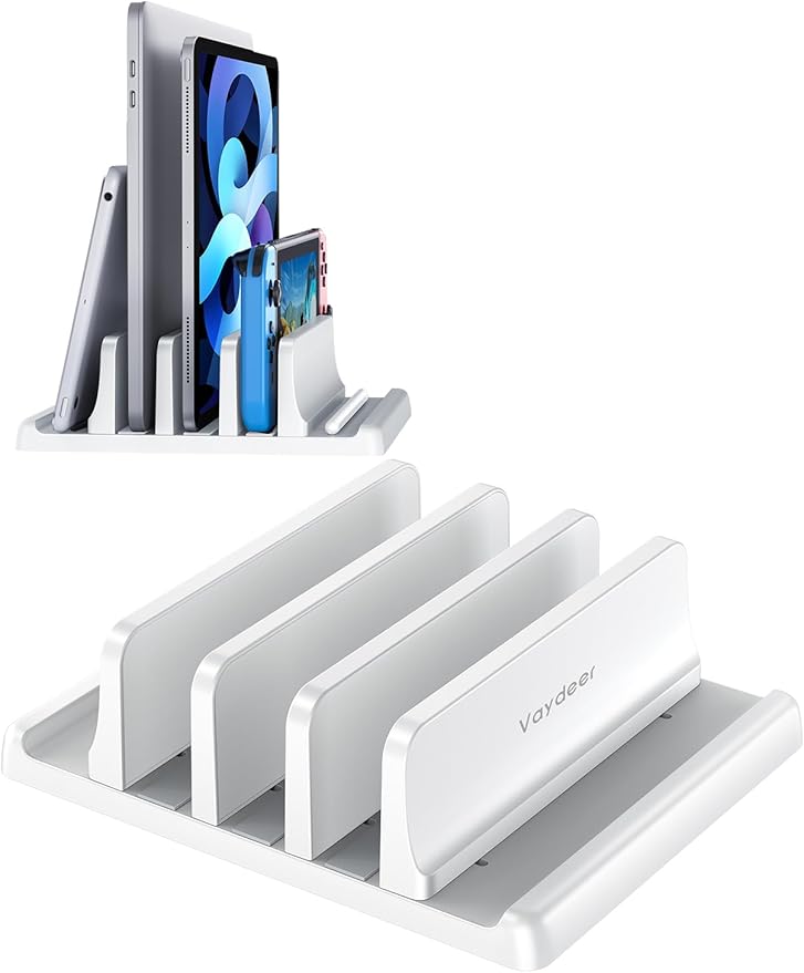 Vaydeer 3-Slot Vertical Laptop Stand Made of Premium ABS Plastics 5 in 1 Design Space-Saving Adjustable Desk Organizer for All MacBook/Chromebook/Surface (White)
