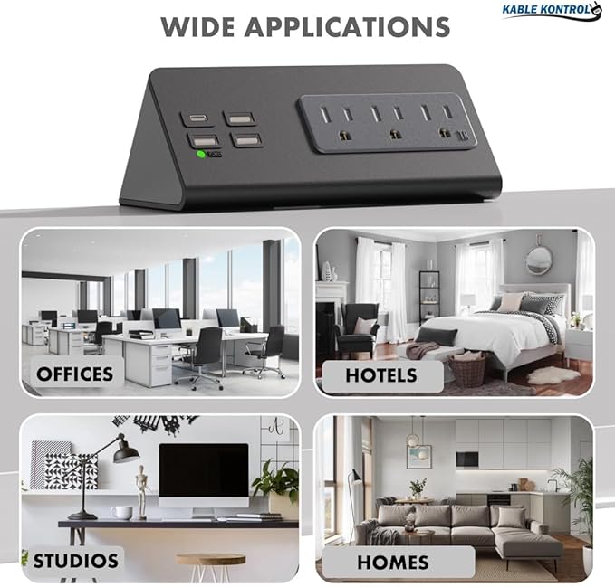 Kable Kontrol Desk Clamp Power Strip with USB-C Port, Nightstand Charging Station, 3 AC Outlets, 3 USB-A Ports, Fast Charger, Easy Installation for Home, Offices, Hotels – 4.9 Ft, Black, 200 Pcs