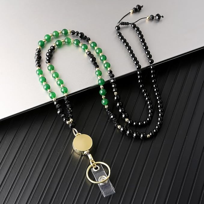 AIDSOTOU Lanyards for ID Badges and Keys,Natural Stone Beaded Teacher Lanyard for Women,Retractable Lanyard with ID Holder Cute Lanyards for Teachers (Green)