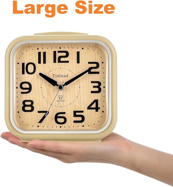 Tinload 5.5" Large Analog Alarm Clock Silent Non Ticking, Gentle Wake, Beep Sounds, Increasing Volume, Battery Operated Snooze and Manual Light, Easy Set, Cream