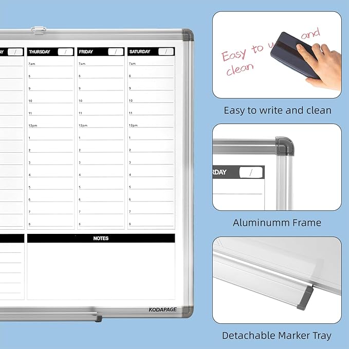 Large Weekly Dry Erase Board, Weekly Planner whiteboard with Hourly time Slots, Whiteboard Weekly Calendar for Schedule for Wall 36" X 24" Double-Sided for Office, Home and School
