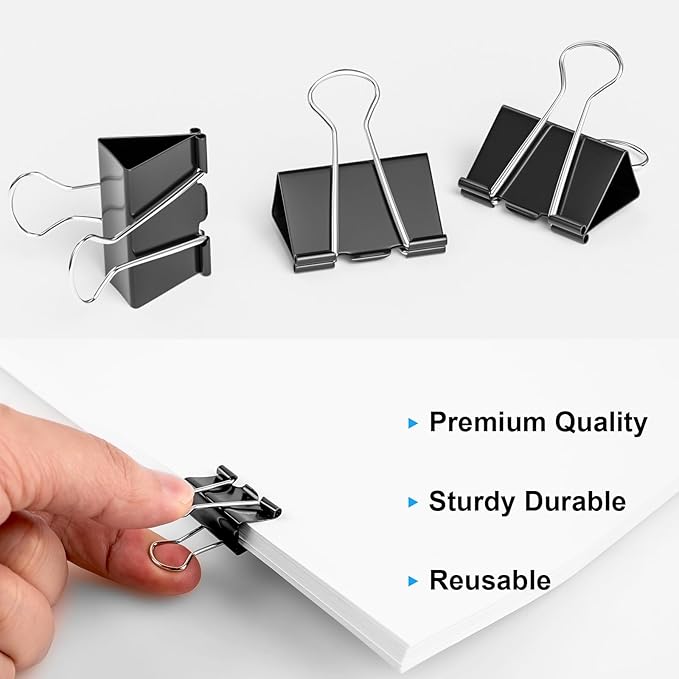 200 Count Binder Clips Assorted Sizes, 4 Sizes Large, Medium, Small, Mini, Metal Paper Clamps, Bulk Black Clips Office Supplies (1 1/4", 1", 3/4", 1/2 Inch) KKEETUR