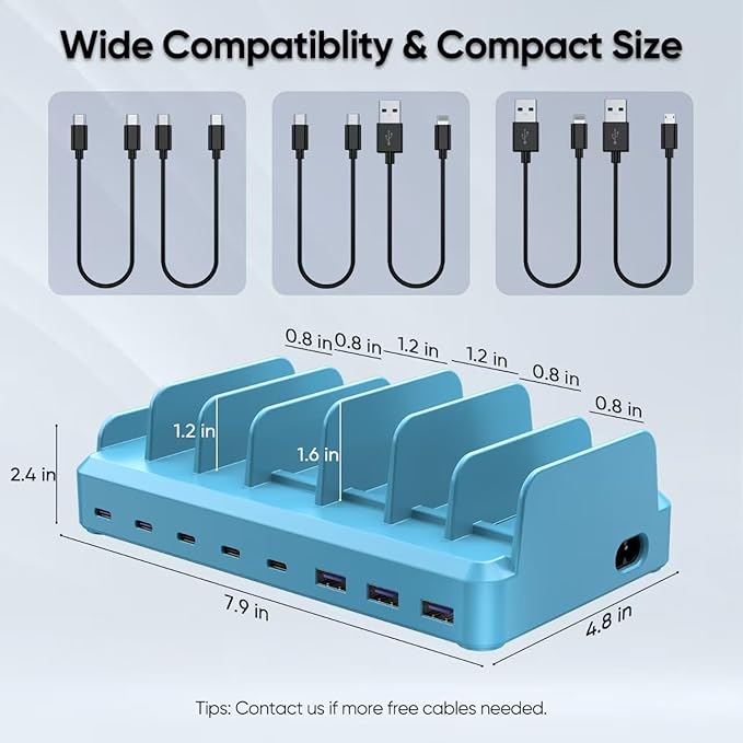 300W Charging Station for Multiple Devices, 8 Port Multi USB C Fast Charger Station Dock for MacBook iPhone 16/15/14/13/12 Samsung Pixel Series iPad, Blue (6 Mixed Short Cables Included)