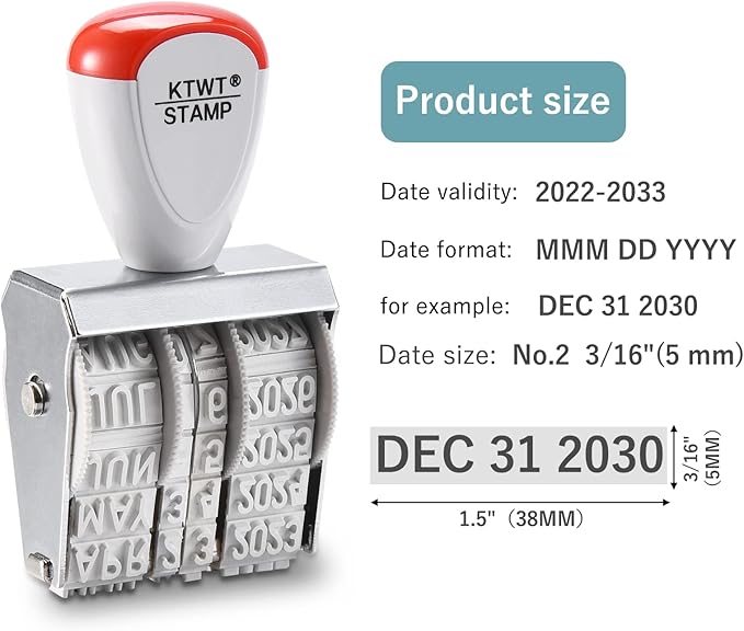 KTWT 1.5" Rubber Stamp Line Dater, Date Stamp, Office Stamp, Rotating Stamp 3/16" (5mm)