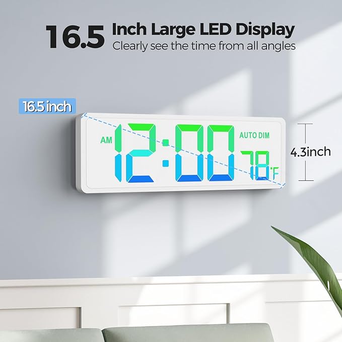 REACHER 16.5" Large Digital Wall Timer Clock with Countdown Timer, Auto Dimmer, Temperature, Remote Control, LED Wall Clock for Home Decor, Living Room, Office, Gym, Classroom, White