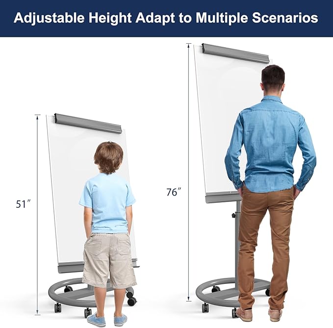 TSJ OFFICE Rolling Whiteboard Standing - 40 x 26 Inches Magnetic Mobile White Board with Stand, Height Adjustable Dry Erase Board on Wheels with Paper Clamp on Top, Gray