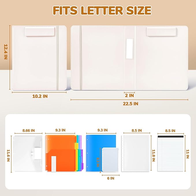 JoyCat 3 Ring Binder Clipboard with Storage,12.4"x10.2" Magnetic Clipboard Folder with 5 Subject Folders,Refillable Lined Notepad (11" x 8.5"),Ideal for School Office Nursing(Beige)