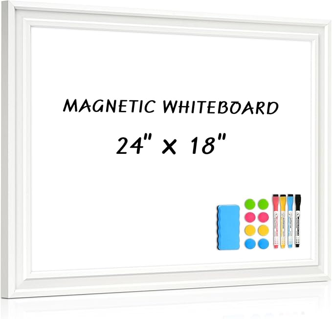 White Board for Wall, 24'' x 18'' Magnetic Dry Erase Board, Decorative Whiteboard with Plain White Wooden Frame, Hanging Writing Board for Home Office School Dorm