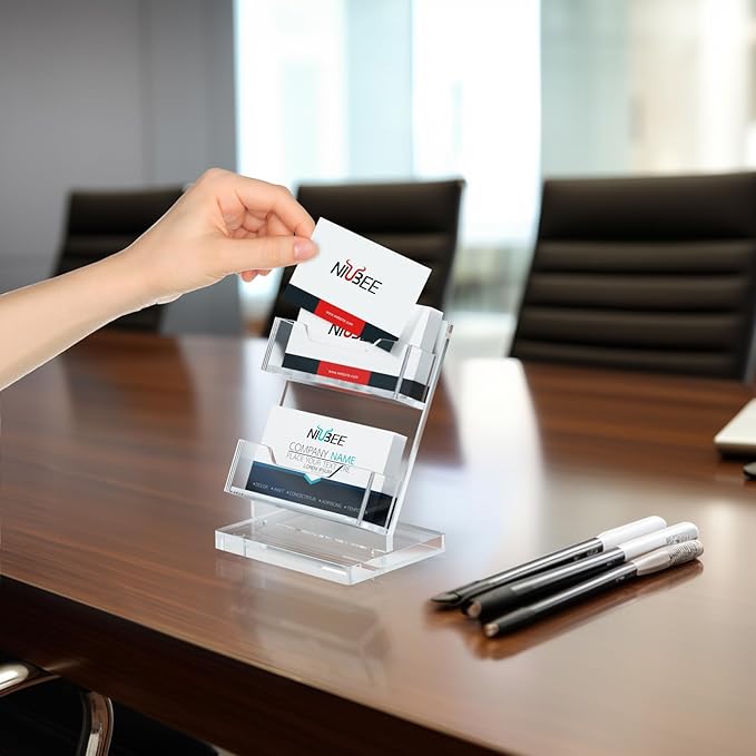 NIUBEE Acrylic Business Card Holder 2 Slots - Double Capacity Business Card Stand for Desk, 2 Tier Clear Gift Card Display for Office, Event, Exhibition