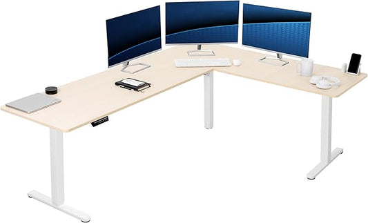 VIVO Electric Corner 84 x 63 inch L-Shaped Standing Desk, Memory Height Adjustment, Light Wood Top White Frame, DESK-E3CTWC-84
