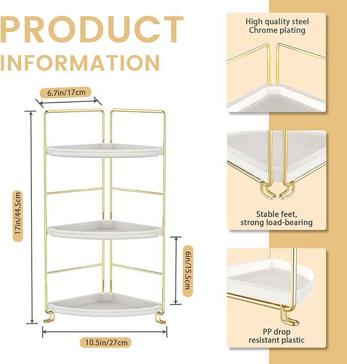 JANUS LiANG 3-Tier Bathroom Organizer Countertop, Corner Bathroom Counter Organizer, Makeup for Vanity Skincare Organizers and Storage, Kitchen Counter Organizer Perfume Organizer (Gold)