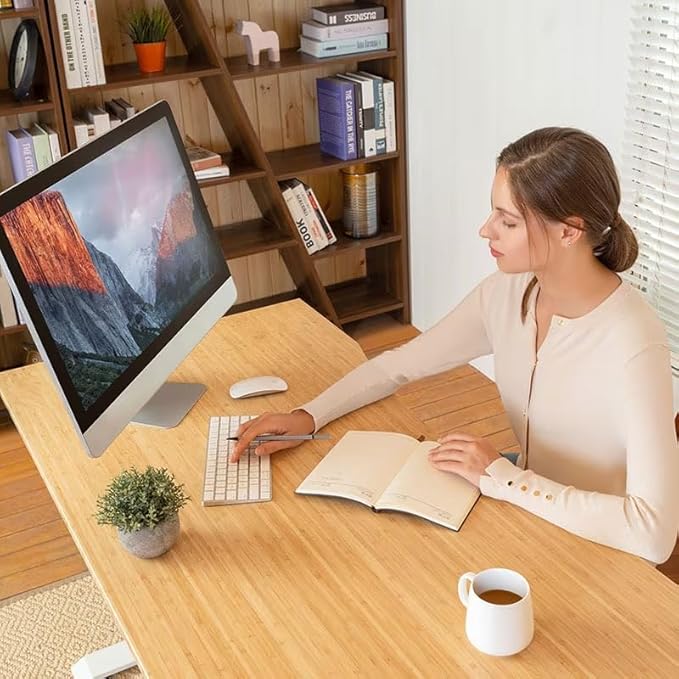 FLEXISPOT EN1 Bamboo Standing Desk, 60 x 30 Inches Whole-Piece Electric Adjustable Height Sit Stand Desk for Home Office (White Frame + Bamboo Curved Desktop, 2 Packages)