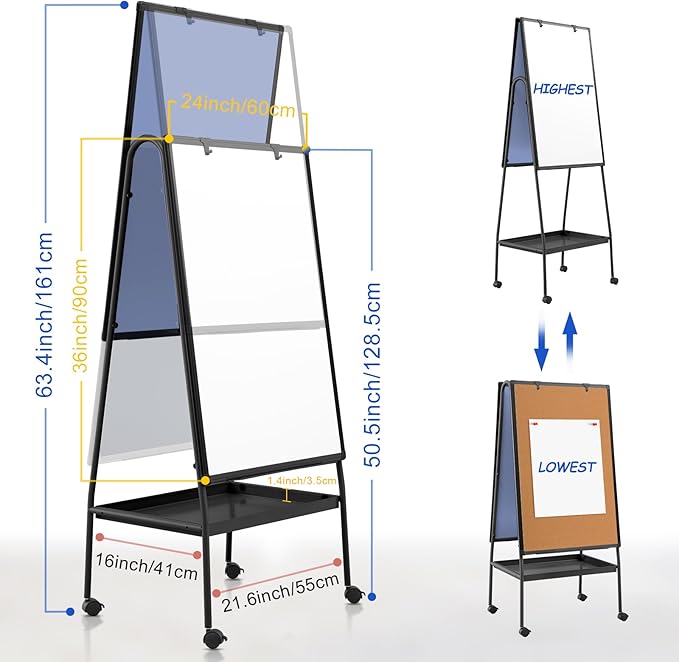 MAKELLO Rolling White Board on Wheels 36x24 in, Double-Side Standing Whiteboard Cork Board Combo with Storage Tray for Office Classroom Commerce, Height Adjustable, Aluminum Frame, 3'x2'
