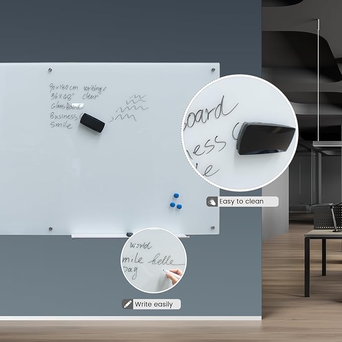 Magnetic Glass Whiteboard 36"X72" Dry Erase Board White Board Wall Mounted WritingBoard for Office School Home Accessory Tray 3 Dry Erase Marker 4 Glass Board Magnets and 1 Magnetic Eraser