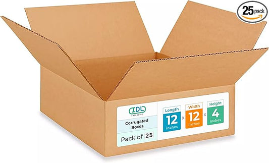 IDL Packaging-B-12124-25 Flat Corrugated Shipping Boxes 12"L x 12”W x 4"H (Pack of 25) - Excellent Choice of Strong Packing Boxes for USPS, UPS, FedEx Shipping