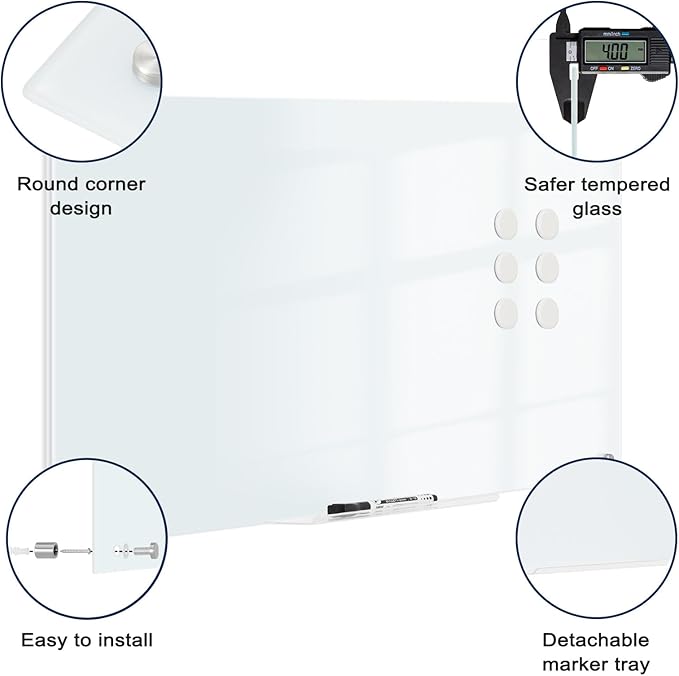 Magnetic Glass Whiteboard for Wall, 36" x 24" Glass Dry Erase Board, Large Frameless White Board for Home and Office with 1 Marker Tray - Normal White