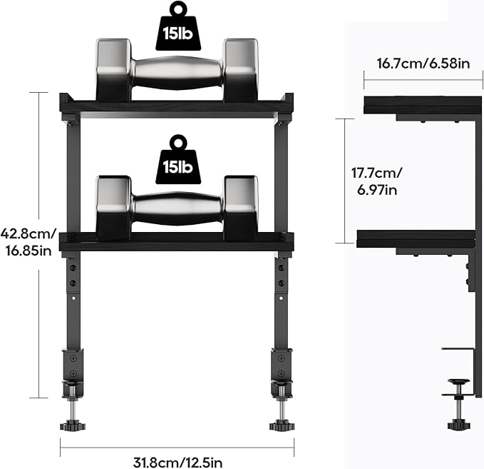 ART-GIFTREE Clamp On Desk Shelf 2-Tier, 12.5 inche Wood Shelving Unit for Office Desk/Gaming Accessories, Tabletop Book Storage Rack, Shelf for Top & Under of Desk, Black