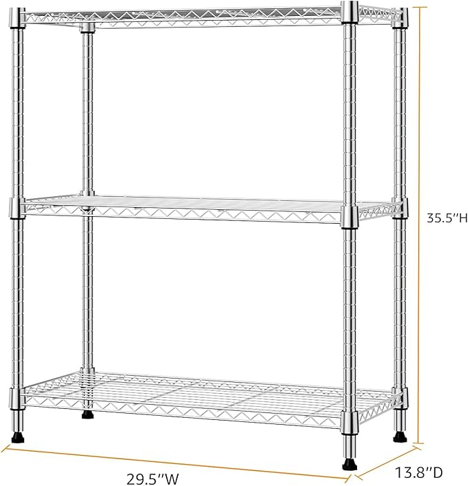 M MZG 750 lbs 3 Tier Storage Rack Metal Wire Shelving Unit, Storage Standing Shelf Organizer for Laundry Bathroom Kitchen Pantry Closet Garage Basement Utility Room, Chrome 13.8" D x 29.5" W x 35.5" H