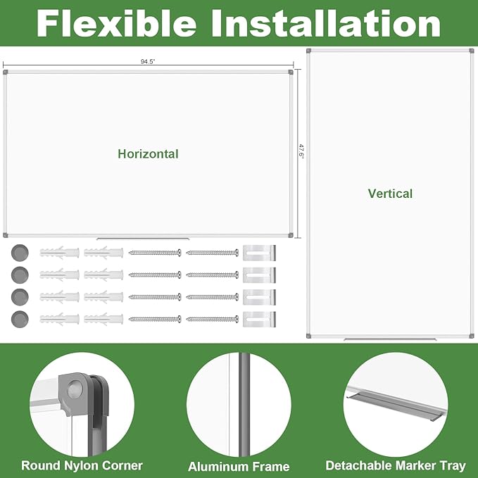 Lockways Dry Erase Board 96 x 48 Inch, Large Magnetic 4 x 8 White Board Wall Mounted, Aluminium Frame Whiteboard with Marker Tray for Office Home & School