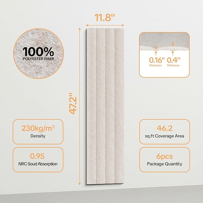 Tao.space 6 Pack Acoustic Panels 3D Wave Sound Proof Foam for Walls, 47.2"x11.8" Self-Adhesive Sound Absorbing Panels for Noise Reduction in Home Office & Studio, Decorative Wall Tiles (Camel)