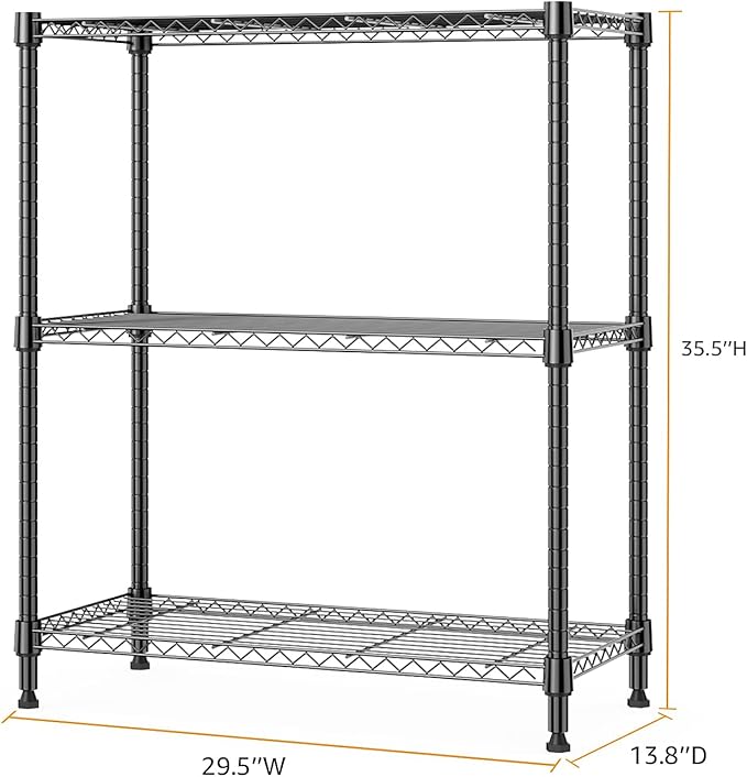 M MZG 750 lbs 3 Tier Storage Rack Metal Wire Shelving Unit, Storage Standing Shelf Organizer for Laundry Bathroom Kitchen Pantry Closet Garage Basement Utility Room, Black 13.8" D x 29.5" W x 35.5" H