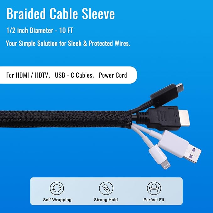 Flauzmann 1/2" Braided Cable Sleeve - 10Ft Cat Cord Protector Split Wire Loom Tubing Flexible Self Wrapping for USB, Audio, Automotive Cord, Dog Chew Proof Cable Protector - Black