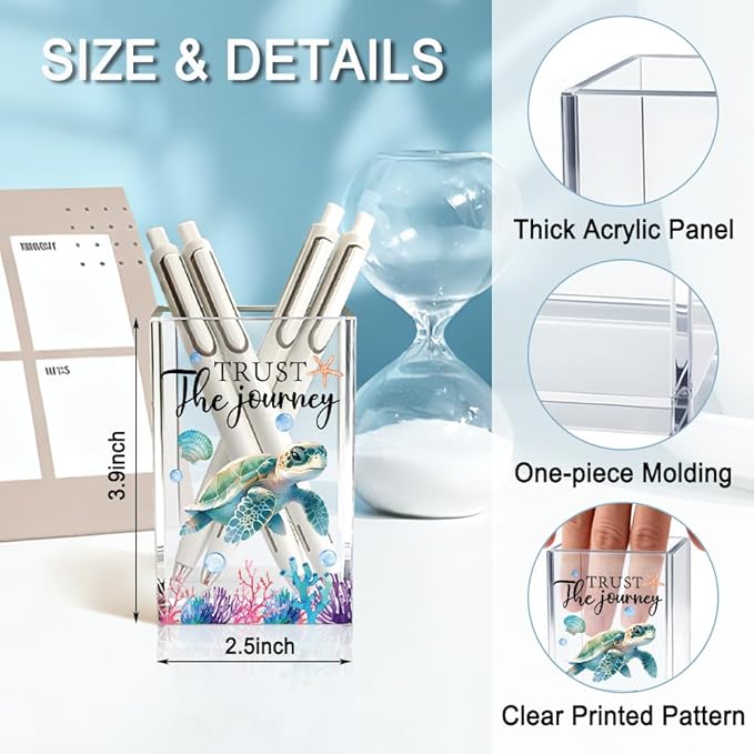 QYUVK Trust The Journey Acrylic Pencil Holder Cup, Inspirational Gifts for Friends Coworker, Funny Sea Turtle Pen Holder for Women Girls Turtle Lover, Pencil Cup for Desk, Marker Makeup Organizer