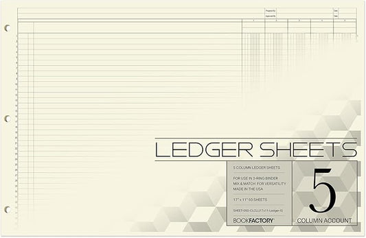BookFactory Ledger Sheets/Large 5 Column Accounting Ledger Columnar (Five Columns) Loose Leaf Paper - 17'' x 11'', 50 Pages, Loose Leaf, 3 Hole Punched (Made in USA)