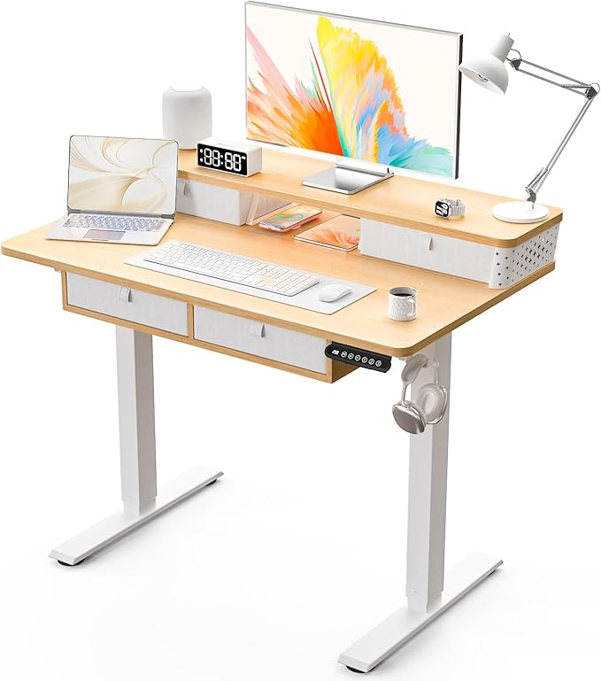 Kingant 40 x 24 Inch Electric Standing Desk with 4 Drawers, Height Adjustable Sit to Stand Computer Desk with Storage Shelf and C-Clamp Mount Compatibility for Home Office, Nature