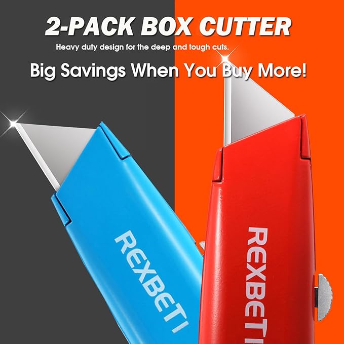 REXBETI 2 Pack Utility Knife with Extra Blades, 2 Color Retractable Blade Heavy Duty Box Cutter for Cartons，Cardboard and Boxes，Extra 10 Blades Included