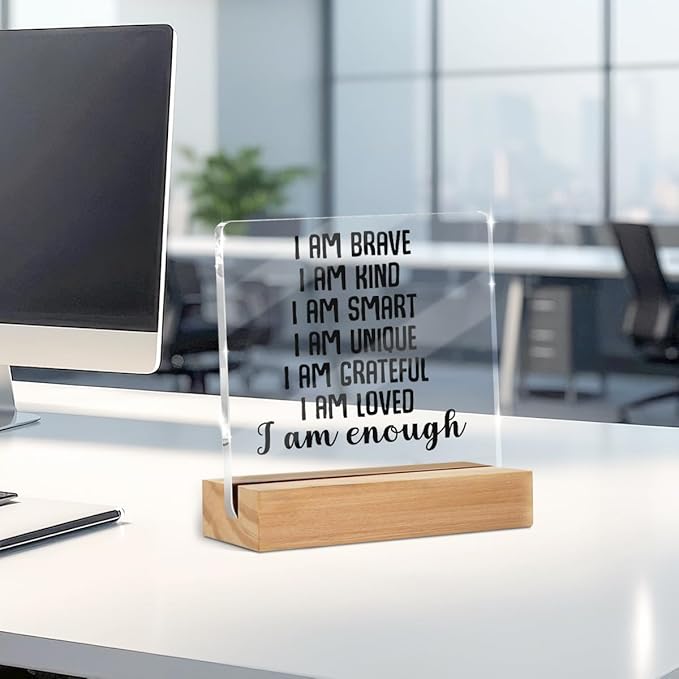 Positive Affirmations I Am Enough Desk Decor Acrylic Sign, Inspirational Gifts for Women Men, Motivational Desk Gadgets Table Top Cubicle Accessories Office Living Room Bedroom Decor
