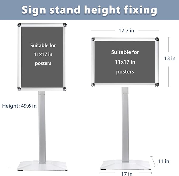 STANDNEE Heavy-duty Poster Stand Holder 11"x 17" Pedestal Floor Standing Sign Holder Vertical and Horizontal View Sign Display, Aluminum Snap Open Frame with Safety Corner, Silver