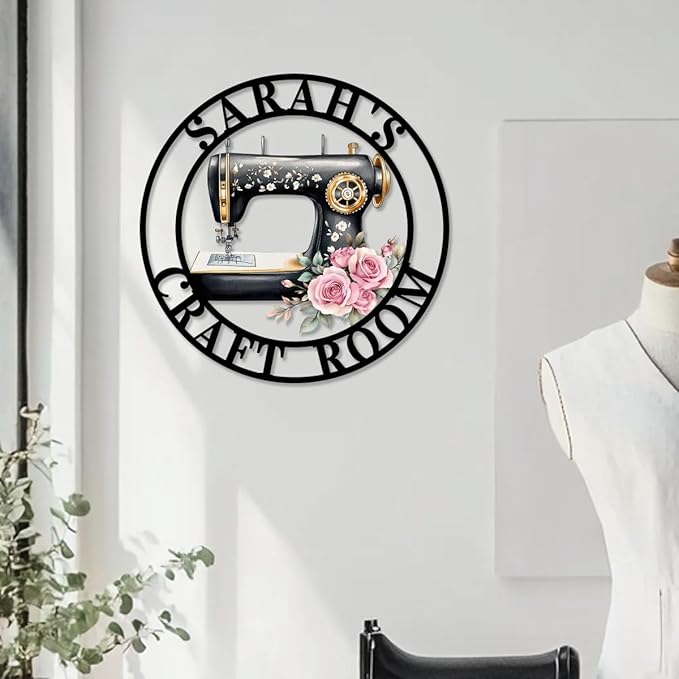 Custom Sewing Machine Metal Sign, Personalized Name Flowers Sewing Sign for Sewing Room Craft Room Decor Sign Sewing Metal Wall Art, Customized Sewing Family Name Sign for Mom Grandma