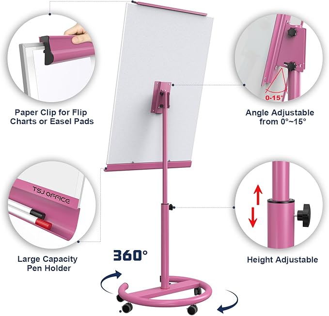 TSJ OFFICE Rolling Whiteboard Standing - 40 x 26 Inches Magnetic Mobile White Board with Stand, Height Adjustable Dry Erase Board on Wheels with Paper Clamp on Top, Violet