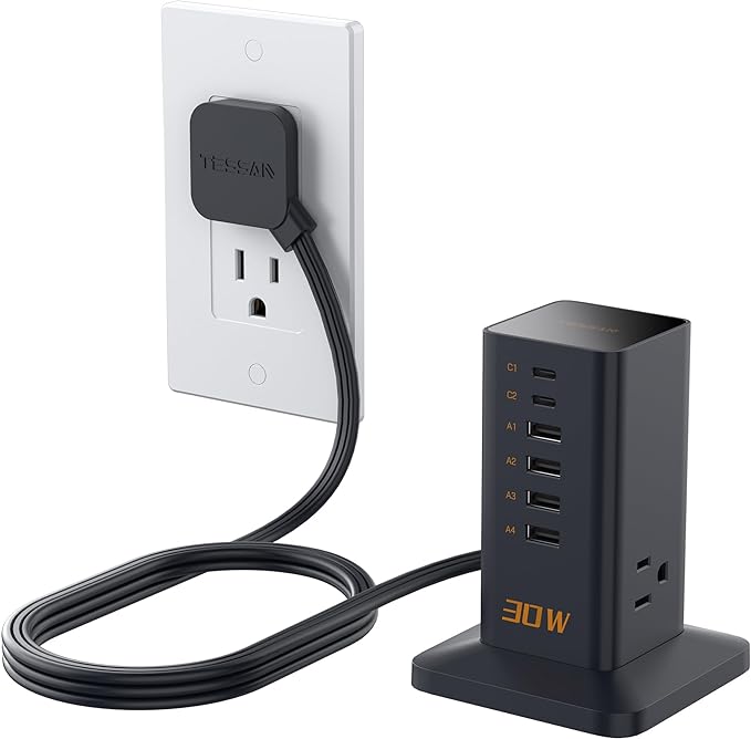 Charging Station 30W, TESSAN 9-in-1 Charger Blocks for iPhone 17/16/15/14, Tablets, Earphone with Surge Protector, 5ft Flat Extension Cord with 4 USB A, and 2 USB C for Home, Office, Dorm, Black