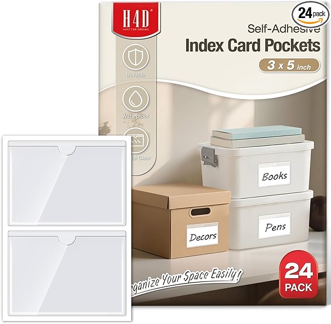 H4D 24 Pack Labels for Storage Bins, 3" x 5" Plastic Clear Adhesive Index Card Holders, Tote Label Pockets for Organizing Storage, Library Card, Shelves