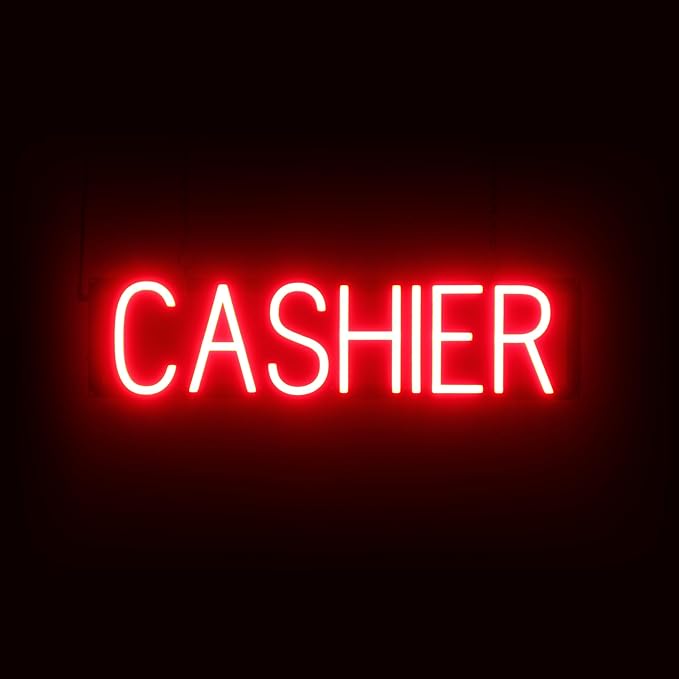 SpellBrite CASHIER Sign | Directional Sign with Neon Look, Red LED Light Source | 25.4" x 6.3"