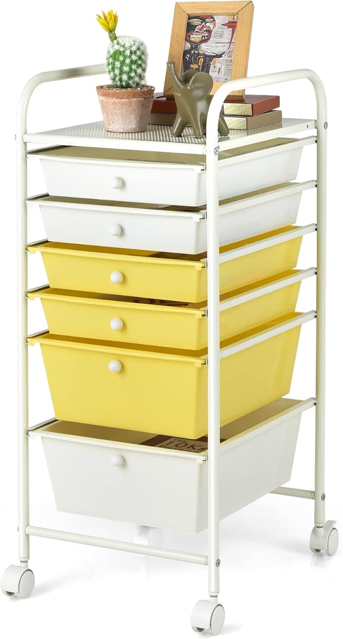 Giantex 6 Storage Drawer Cart Rolling Organizer Cart for Tools Scrapbook Paper Home Office School Multipurpose Mobile Utility Cart (Beige & Yellow)