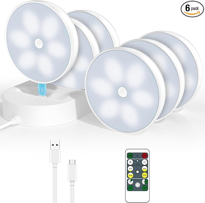 LED Closet Lights Motion Sensor Puck Light with Charge Station, Rechargeable Step Puck Lights,Dimmable Under Cabinet Indoor Lighting Magnet Stick-on Light for Counter Kitchen Wardrobe(6 Pack)