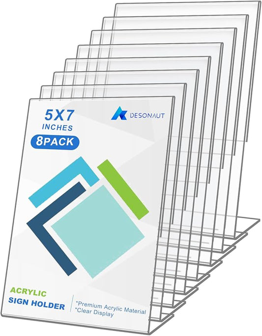 DESONAUT 8 Pack Slant Back Acrylic Sign Holder 5x7 inches, Clear Plastic Picture Frames, Desktop Tabletop Flyer Menu Holder Document Holder Paper Display Stand（Vertical）