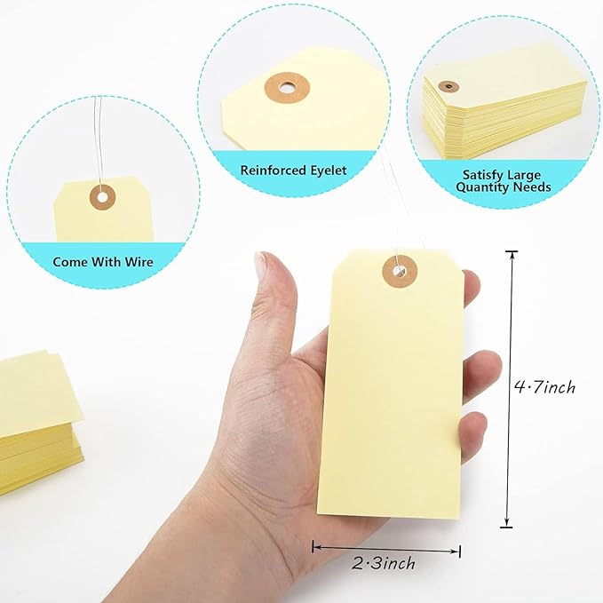 SallyFashion 120 PCS Manila Tags with Wire, 4 3/4" x 2 3/8" Heavyweight Shipping & Inventory Labels, Blank for Price, Gift, Retail, Crafts, Warehouse & Office