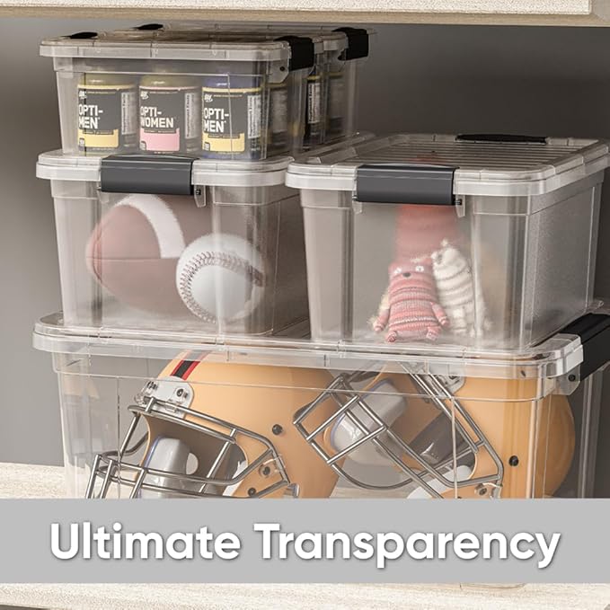 Superio Clear Storage Bins with Lids, Stackable Deep Storage Boxes with Latches and Handles, Extra Small, 4 Pack, Deep Containers for Home, Garage, and Kitchen