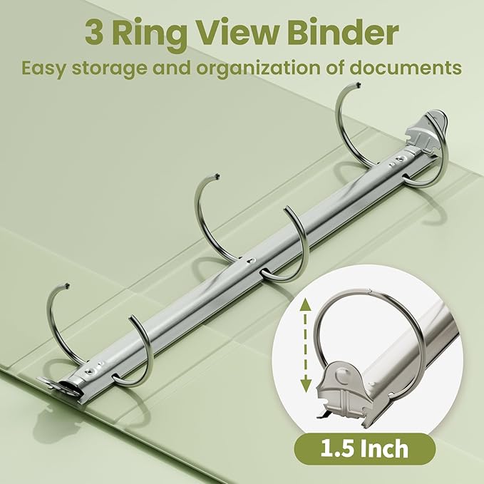 SUNEE 3 Ring Binder 1.5 Inch 1 Pack, Clear View Binder Three Ring PVC-Free (Fit 8.5x11 Inches) for School or Office Supplies, Sage Green
