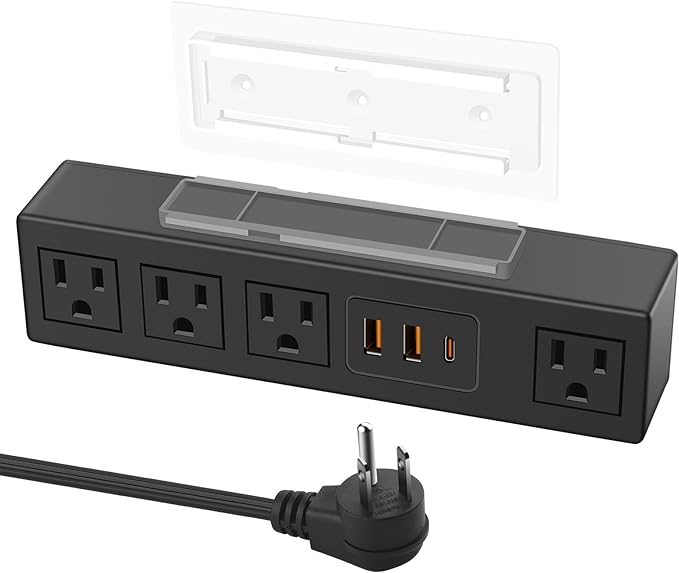 HHSOET Under Desk Power Strip with 3M Adhesive, Removable Under Desktop Mount Plug with 30W Fast Charging USB C and USB A Ports, 4 Outlet Under Table Surge Protector 1200J, 6FT Extension Cord. (Black)