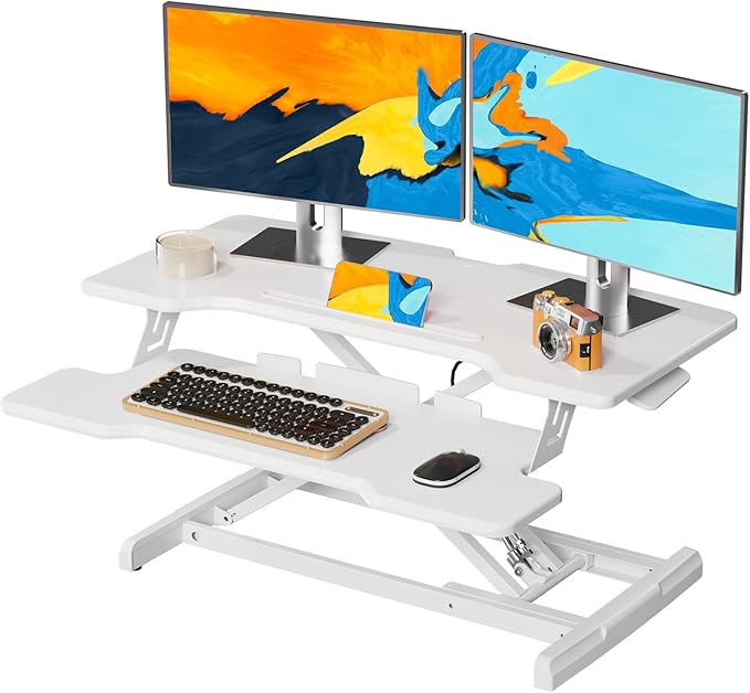 JYLH JOYSEEKER Standing Desk Converter 32 inch, Height Adjustable Sit Stand Desk Riser, Quick Sit to Stand Tabletop Dual Monitor Riser Workstation for Home Office with Keyboard Tray, White