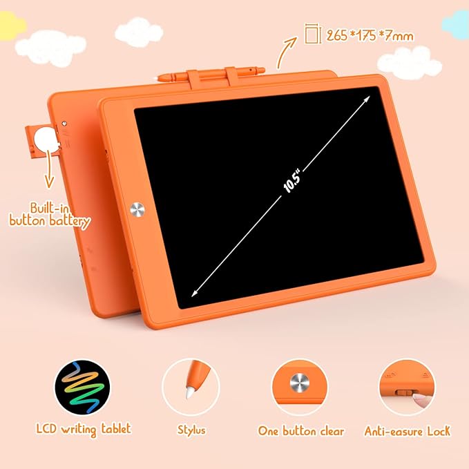 BUKEBU LCD Writing Tablet Doodle Board, Colorful Drawing Pad, Electronic Drawing Tablet, Drawing Pads,Travel Gifts for Kids Ages 3 4 5 6 7 8 Year Old Girls Boys (10.5 inch, Orange&Orange)